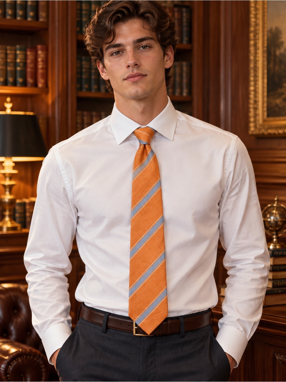 Bigi Linen & Silk Regimental Tangerine and Silver Tie